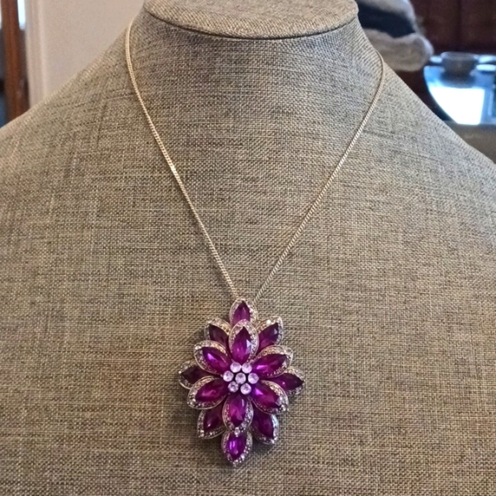 Fuschia Purple Crystal Flower Huge Brooch / Pendant - Pre-loved